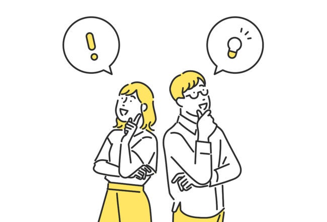 Two people in thoughtful poses with a speech bubble above each. One bubble has an exclamation mark, and the other has a light bulb, representing ideas or solutions.