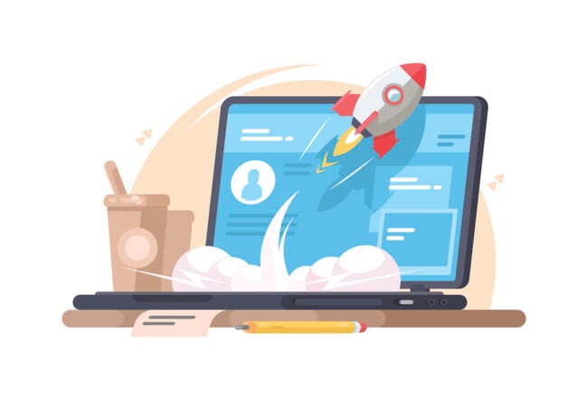Illustration of a rocket jumping out of a laptop to show how accelerators boost startup business success rates