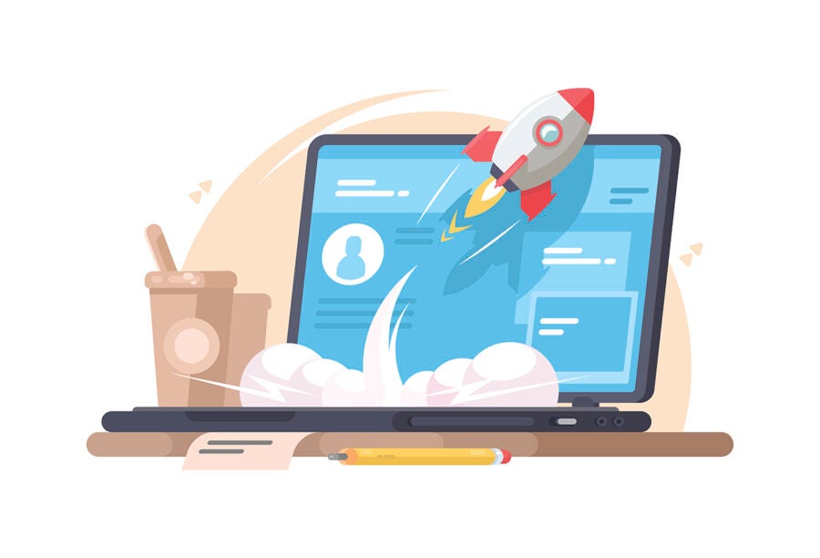 Illustration of a rocket jumping out of a laptop to show how accelerators boost startup business success rates