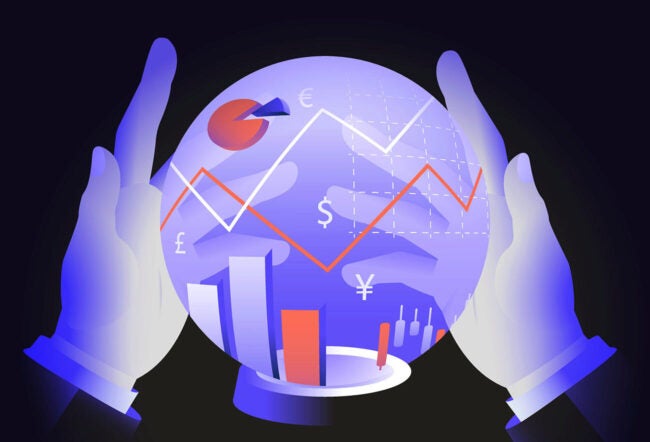 Illustration of hands holding a glowing crystal ball with finance-related graphics inside, indicating economic forecasting