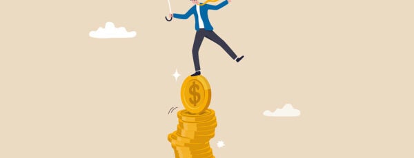 Illustration of a businessman holding an umbrella while balancing on a stack of coins